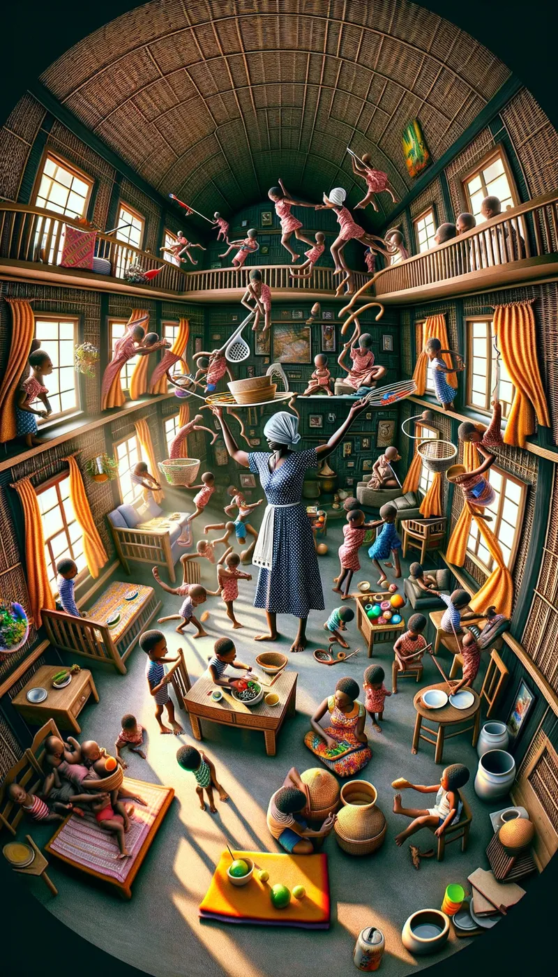 Harmony in Chaos - An image that captures the organized chaos of a home scene where a single Black African mother manages to keep peace and harmony as her thirteen children engage in various activities, demonstrating her unwavering love and resilience. - AI image generated with Art - anamorphic picture