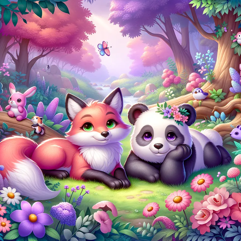Harmony in Nature - A picturesque scene of a purple fox and a pink panda lying side by side in a tranquil forest, surrounded by blooming flowers and gentle wildlife. - AI image generated with Art