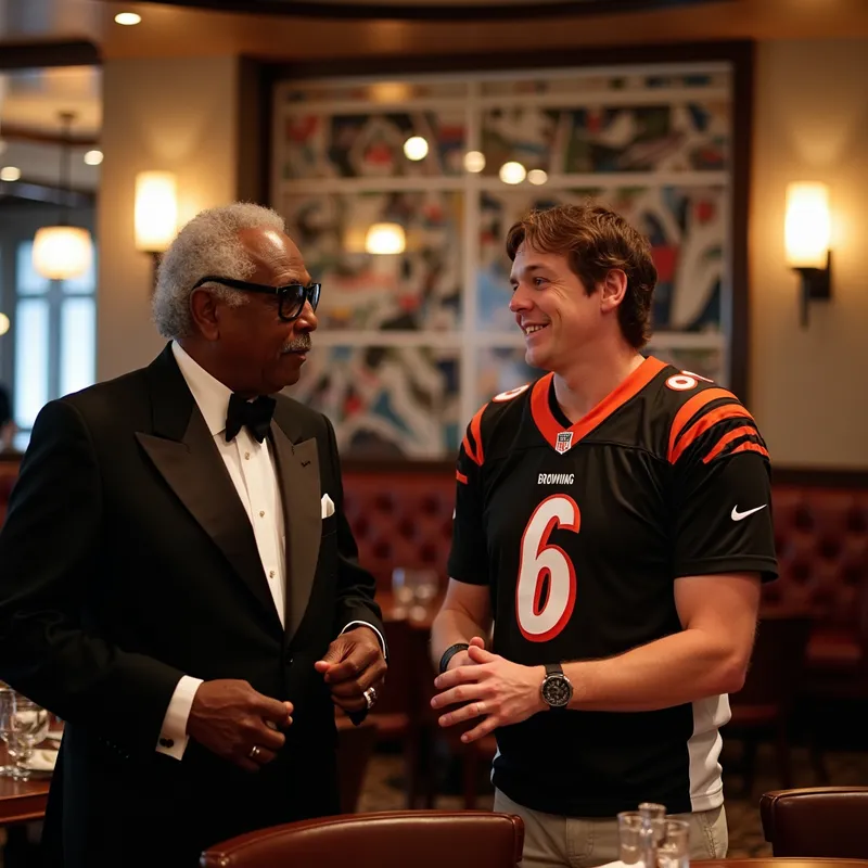 Harmony of Icons - In a chic, music-themed restaurant, Ray Charles, in a flawless black tuxedo, chats animatedly with Jake Browning #6, proudly wearing his Bengals jersey. The room has a sophisticated, modern aesthetic. - AI image generated with Photorealistic 2