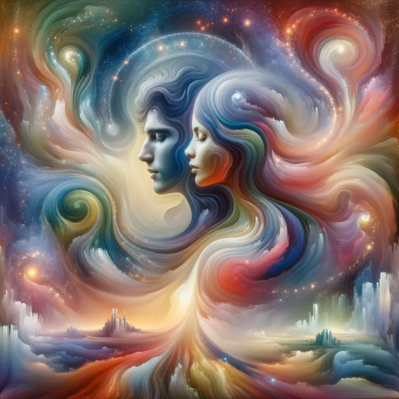 Harmony of Souls - An ethereal depiction of two figures merging into a swirling blend of colors and patterns, symbolizing love and unity in a dreamlike landscape. - AI image generated with Art