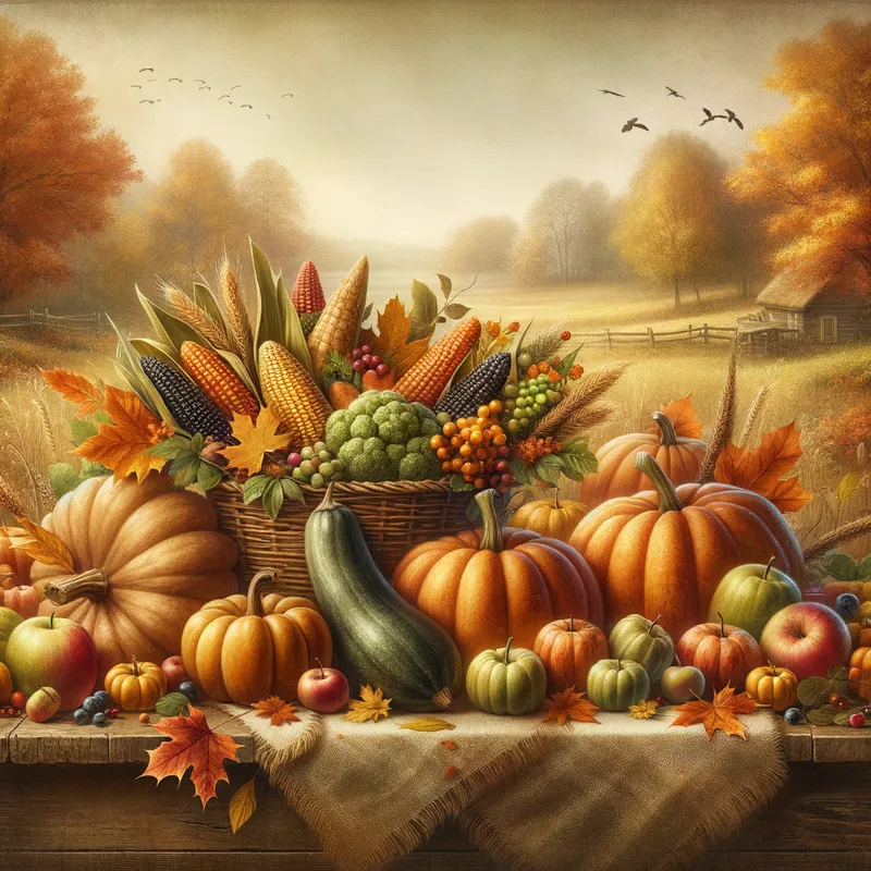 Harvest Celebration - A warm, inviting Thanksgiving card featuring a bountiful harvest spread on a wooden table. The scene includes pumpkins, cornucopias filled with fruits and vegetables, and a rustic background adorned with autumn leaves. - AI image generated with Art