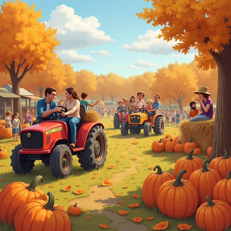 Harvest Festival - A lively scene of a harvest festival with people enjoying hayrides, pumpkins, and apple picking, all set against a backdrop of autumn trees. - AI image generated with Text