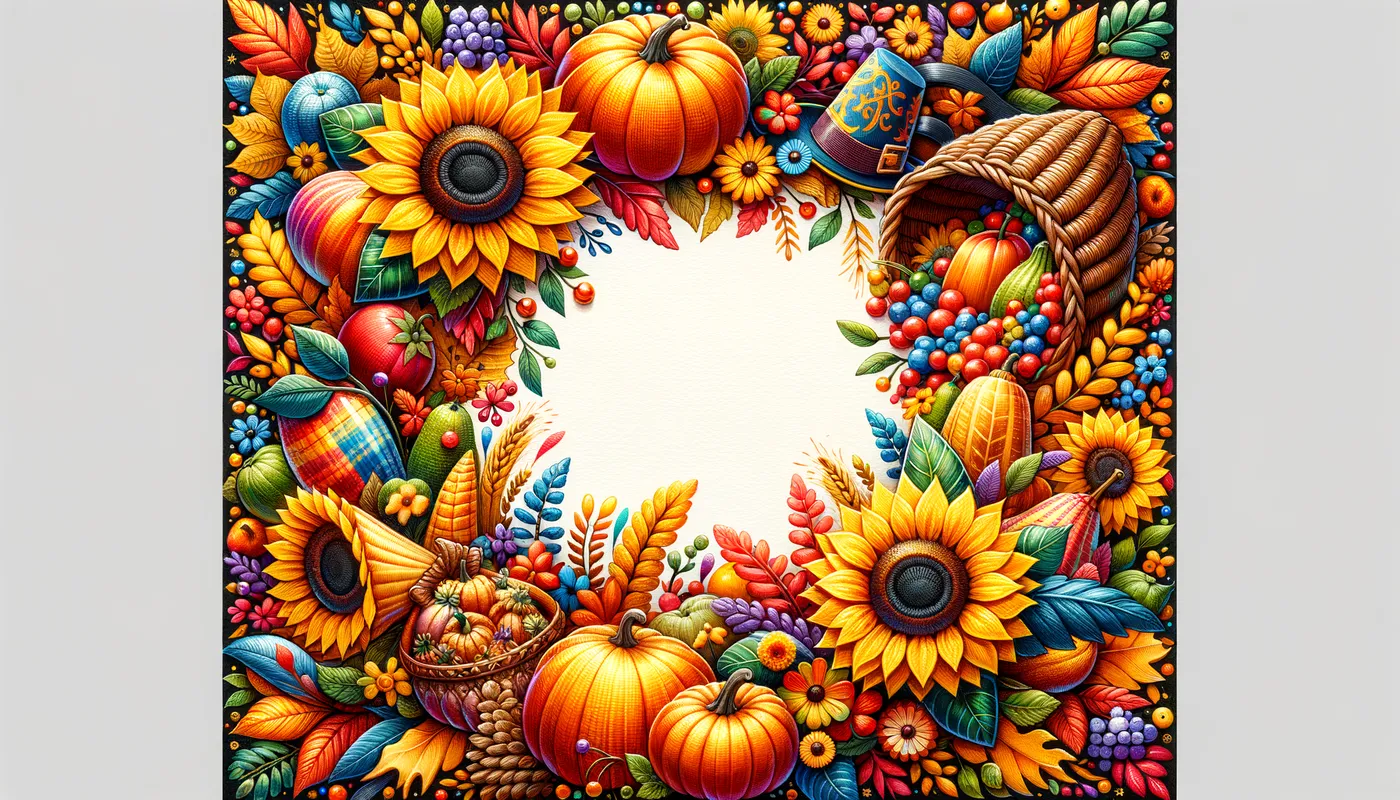 Harvest Festival Design - A vibrant Thanksgiving card that includes a bountiful frame with images of cornucopia, sunflowers, and colored leaves, leaving ample blank space in the middle for writing a message. - AI image generated with Art