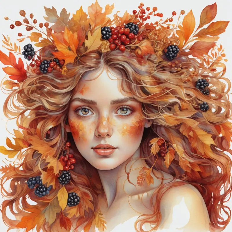 Harvest Muse - A vibrant and ultra-detailed artistic portrait of a woman adorned with autumn florals and clusters of berries in her flowing hair, expressive eyes, luxurious color palette of reds, oranges, and golds, isolated on a white background. - AI image generated with Photorealistic - chalk, watercolor