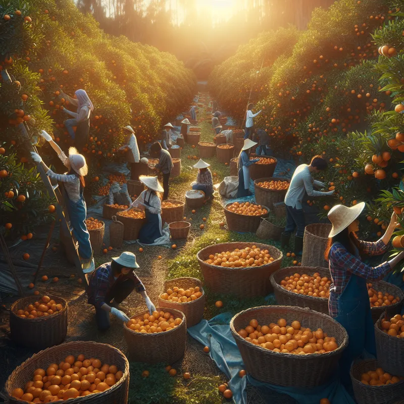 Harvest Time Grove - A bustling tangerine grove at harvest time, with workers picking the fruits and placing them into wicker baskets, under a clear blue sky. - AI image generated with DALL-E 3