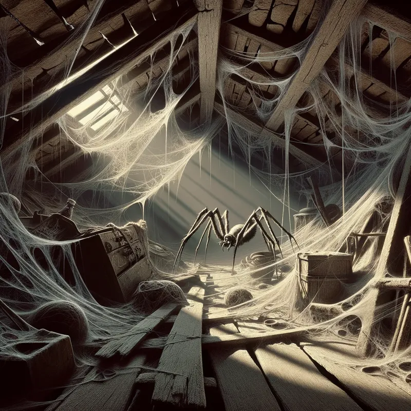 Haunted Attic - An old, abandoned attic filled with cobwebs and dusty, forgotten objects. A spooky spider crawls up a creaky wooden beam, casting long shadows on the walls. - AI image generated with Art - Giger