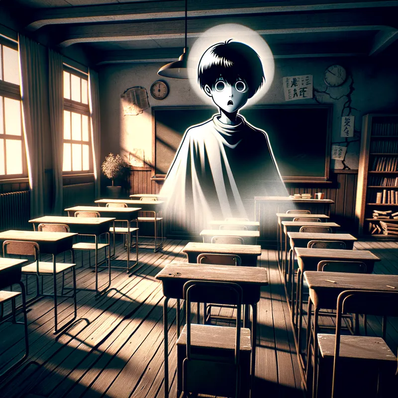Haunted Classroom - An anime boy ghost hovering over an empty desk in an old, abandoned classroom, with eerie shadows and flickering lights enhancing the spooky atmosphere. - AI image generated with Art