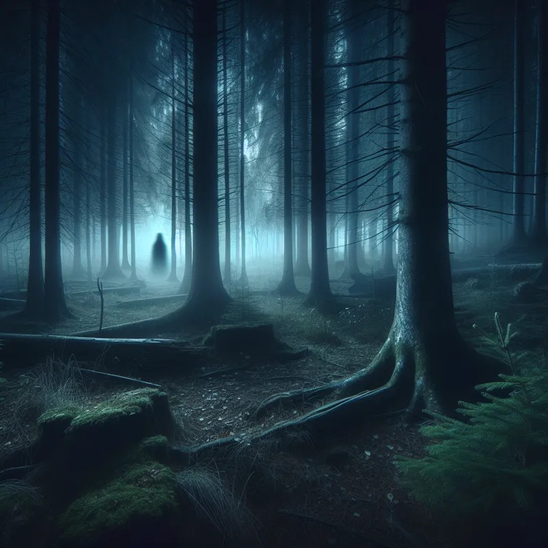 Haunted Clearing - An eerie clearing in the deep dark haunted woods, with ghostly apparitions and an unsettling silence filling the air. - AI image generated with Art