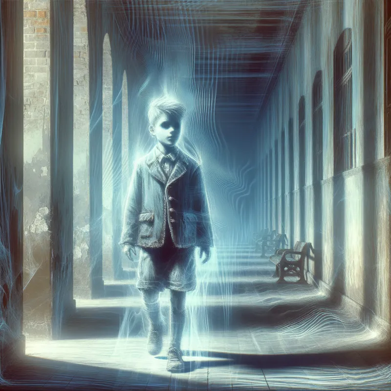Haunted Schoolboy - An anime ghost boy in a tattered school uniform, wandering the dark hallways of an old, decrepit school building, with shadows stretching unnaturally and strange lights flickering in the background. - AI image generated with Art