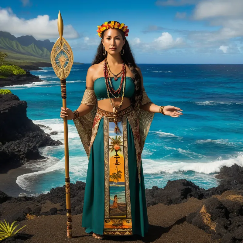 Hawaiian High Priestess - A mystical tarot card featuring a Hawaiian high priestess standing by the ocean, wearing traditional Hawaiian attire and holding a sacred staff adorned with tribal symbols. - AI image generated with Photorealistic