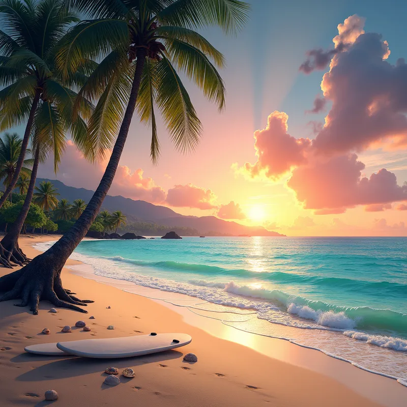 Hawaiian Sunset Beach Serenity - A photo-realistic image of a serene beach in Hawaii. The scene includes clear turquoise waters gently lapping against the sandy shore, tall palm trees swaying in the breeze, and a vibrant sunset painting the sky in hues of orange, pink, and purple. A few seashells and a surfboard are scattered on the sand. The overall vibe is peaceful and idyllic. - AI image generated with Photorealistic 2