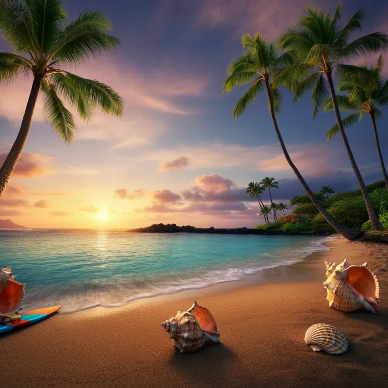 Hawaiian Sunset Beach Serenity - A photo-realistic image of a serene beach in Hawaii. The scene includes clear turquoise waters gently lapping against the sandy shore, tall palm trees swaying in the breeze, and a vibrant sunset painting the sky in hues of orange, pink, and purple. A few seashells and a surfboard are scattered on the sand. The overall vibe is peaceful and idyllic. - AI image generated with Imagen 3