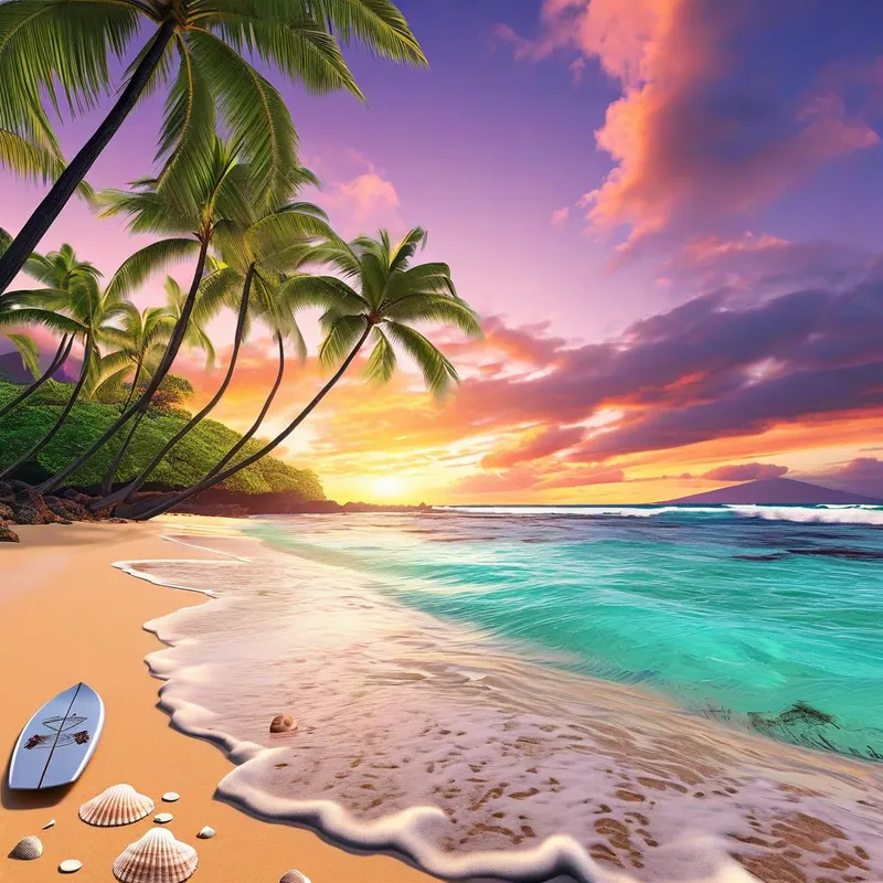 Hawaiian Sunset Beach Serenity - A photo-realistic image of a serene beach in Hawaii. The scene includes clear turquoise waters gently lapping against the sandy shore, tall palm trees swaying in the breeze, and a vibrant sunset painting the sky in hues of orange, pink, and purple. A few seashells and a surfboard are scattered on the sand. The overall vibe is peaceful and idyllic. - AI image generated with Nova Canvas