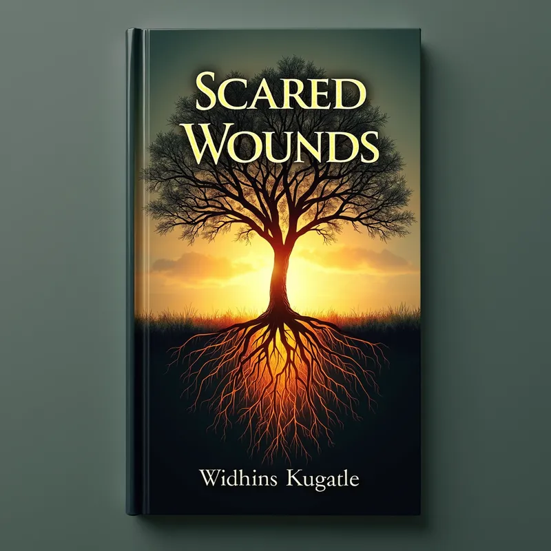 Healing the Past - A book cover that shows a tree with deep roots being illuminated by a warm light, representing healing and growth. The title 'Scared Wounds' is elegantly written across the top. - AI image generated with Photorealistic 2