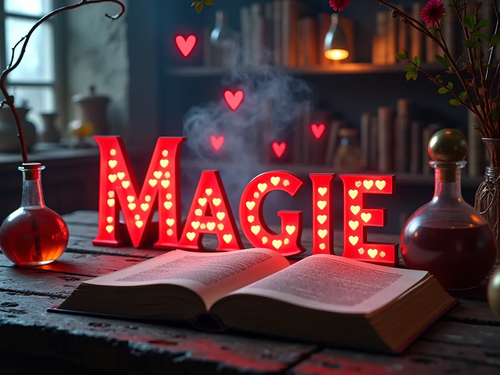 Heart-Alchemy - A mystical alchemist's lab where 'Magie' is written using red love hearts floating in a magical haze. The lab is filled with potions, ancient books, and glowing symbols. - AI image generated with Photorealistic 2 - photorealistic, close-up macro photograph
