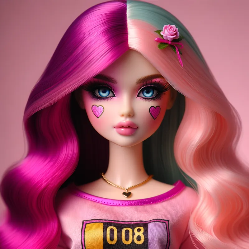 Heart-Cheer Bratz - Imagine a Bratz doll adorned with pink rose heart stickers on her cheeks, showcasing a striking half-and-half hairstyle of hot fuchsia and pastel mint. She flaunts eccentric 2008-style attire complemented by her colorful pop makeup and soft pink lips. - AI image generated with Art