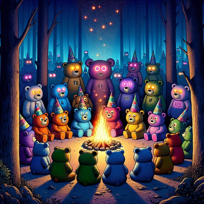 Heart Orbs in the Dark Forest - Care Bears gathering at twilight around a campfire in the midst of a shadowy forest. The fire emits dazzling sparks and vivid heart orbs. The bears, decked in quirky tin foil hats, look brave and defiant, 'FAFO' shining on their bellies. Shadowy woods are nearly invisible except for mysterious glowing eyes lurking within. - AI image generated with DALL-E 3 - cartoony, panoramic view, colorful