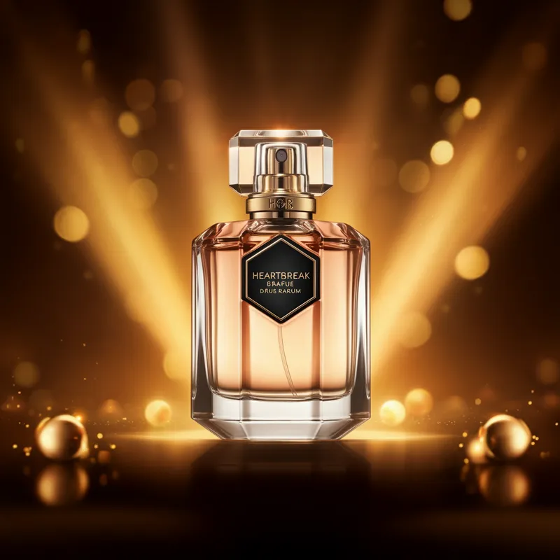 Heartbreak Perfume Elegance - A luxurious advertisement for Heartbreak perfume, showcasing an elegant and radiant perfume bottle. Designed for women, the image features a sophisticated backdrop with golden hues and soft lighting, highlighting the product's opulent packaging. - AI image generated with Imagen 3