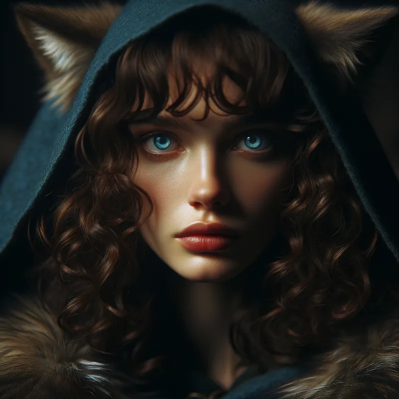 Heartbroken Wolf-Eared Woman - Dramatic scene of a woman with brown, curly hair and bangs, wolf ears showing from under a blue cloak, and piercing blue eyes. She lies prone on a shadowy surface, her facial expression full of sadness and betrayal. - AI image generated with Art