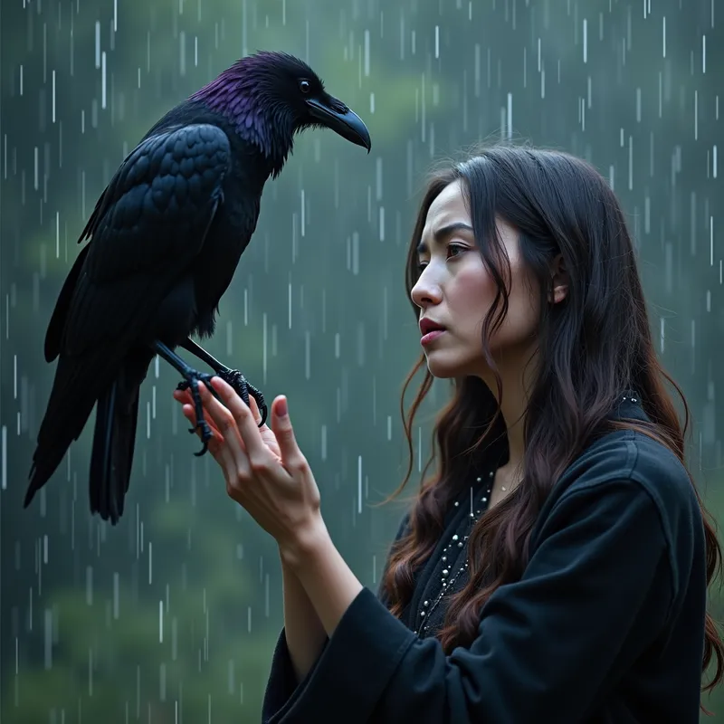 Heartbroken Woman in the Rain - A 30-year-old Caucasian woman with visible emotional anguish on her face, extending her hand towards an enigmatic raven with subtle purple feathers amidst a heavy rainstorm, raindrops cascading down her face. - AI image generated with Photorealistic 2