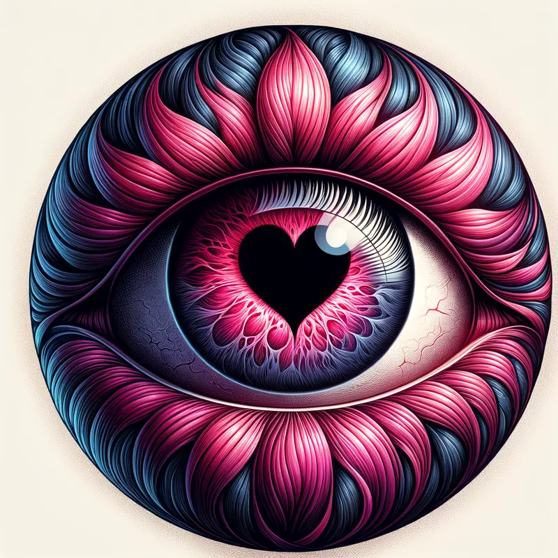Heartfelt Glimpse - An artistic portrayal of an eye with a vivid pink iris and a heart-shaped black pupil, symbolizing deep emotions and affection. - AI image generated with Art