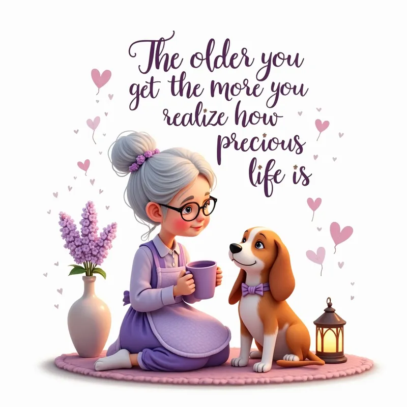 Heartfelt Lilac Keepsake Scene - An enchanting storybook-inspired digital painting centered on a pure white background, with all objects fully visible and no cropping. Show a kind elderly woman with silver hair in a bun, tiny round glasses, a cozy lavender ensemble, and a patterned apron. She holds a lilac mug and gives off a peaceful, loving presence. At her side is a cute long-haired beagle adorned with a small pink bow. Place a petite vase filled with lilac flowers and a glowing lantern beside her. Embellish the composition with lilac heart motifs, airy swirls, and graceful calligraphy reading: "THE OLDER YOU GET, THE MORE YOU REALIZE HOW PRECIOUS LIFE IS." Soft lighting, detailed digital painting, cozy atmosphere, elegant and whimsical. - AI image generated with Photorealistic 2