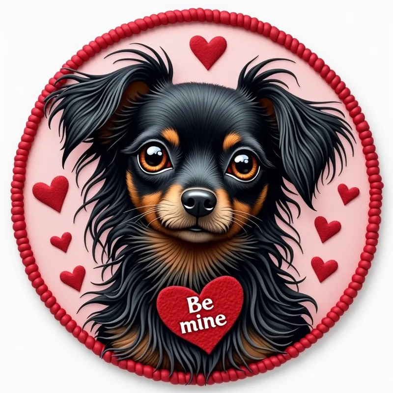 Heartfelt Stitched Chiweenie - A delightful depiction of a black long-haired chiweenie looking at the camera, styled as if made with embroidery. The circular image is infused with valentine charm, including the words 'Be Mine'. - AI image generated with Photorealistic 2