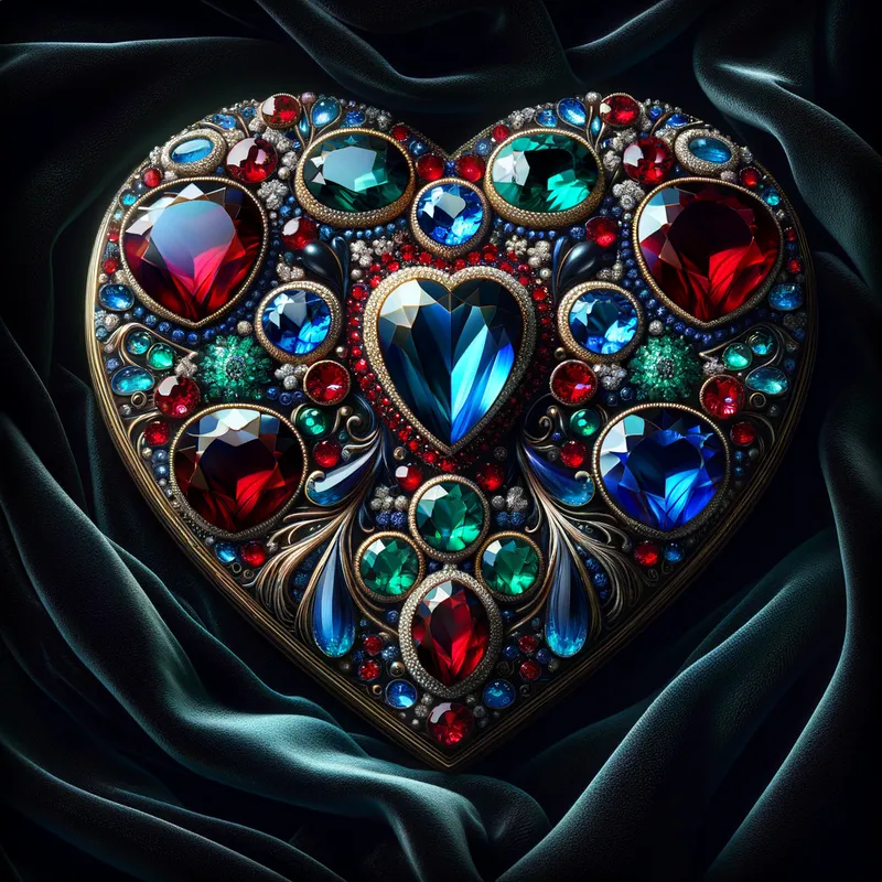 Heart of Velvet and Gems - A heart with an exquisite arrangement of deep red, deep blue, and emerald green stones on black velvet. The contrast between the vibrant gemstones and the dark, rich fabric heightens the elegance of the scene. - AI image generated with Art - fantasy art