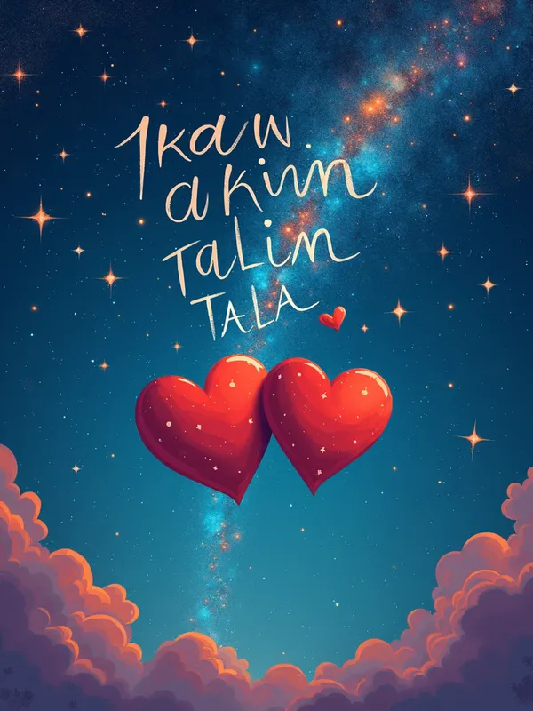 Hearts Across Galaxies - An illustration depicting two hearts gliding through an endless expanse of space, discovering numerous galaxies. The sky is adorned with stars spelling out 'Ikaw ang aking tala'. - AI image generated with Photorealistic 2