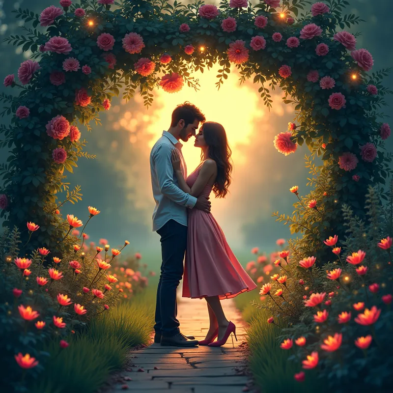 Hearts Entwined - A charming book cover depicting two lovers sharing an intimate moment in a lush, enchanting garden. The scene is bathed in the soft glow of twilight, surrounded by blooming flowers and fairy lights. - AI image generated with Photorealistic 2