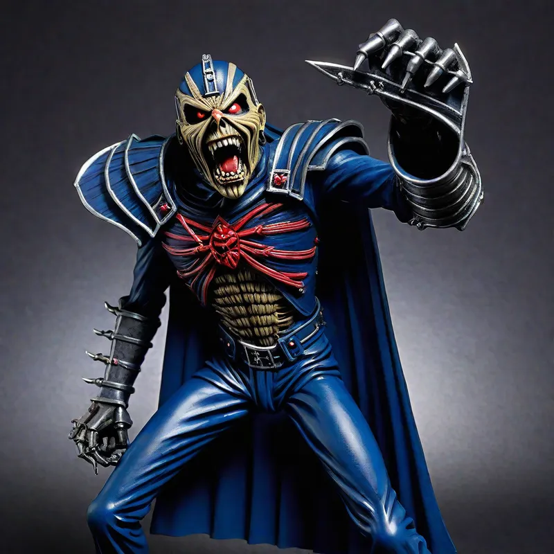 Heart-shaped, metal artwork, featuring t - Heart-shaped, metal artwork, featuring the band Iron Maiden's iconic Eddie.  Dark, skeletal,  male figure, Eddie, middle-aged, with a menacing expression;  red eyes, large fangs, and open mouth.  His pose is dynamic, reaching forward with one hand,  his body gaunt and emaciated with visible skeletal structure beneath dark blue tunic-like garment.  Detailed, realistic, gothic style. The heart-shaped object is covered with spikes, skulls, and chains.  The band's logo is prominently displayed, in a metallic, stylized font, centered on the heart's surface.  The heart is dark grey metal with various dark and reddish-purple shadowed details,  detailed texture with visible metalwork.  The background consists of flames, in shades of orange and dark-grey, providing a strong contrast.  The lighting emphasizes Eddie's face and the intricate details of the metal heart. Dark-red highlights are present on the skeletal figure’s face and details of his teeth.  The perspective is from slightly below, directly facing the heart-shaped artwork.  Realistic depiction of skulls,  detailed chainwork, and metal spikes.  Overall tone is dark, intense, and gothic, reflecting the band's heavy metal aesthetic. Highly detailed, realistic rendering, with focus on textures. - AI image generated with Photorealistic
