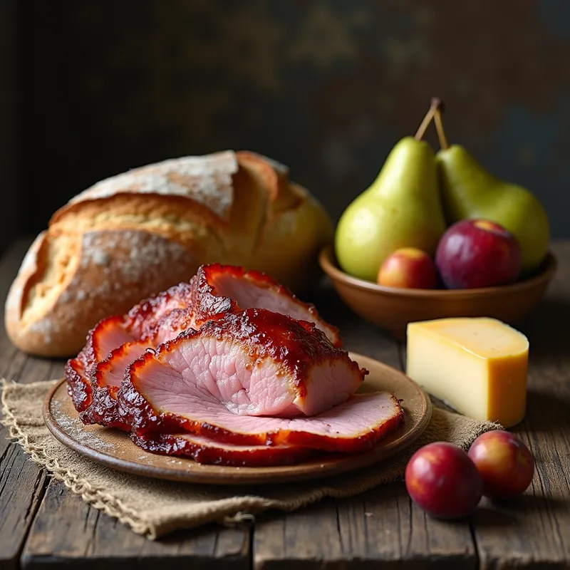 Hearty Farmers’ Lunch - A hearty meal displayed on a weathered oak table: a generous chunk of glazed ham, a rustic bread loaf with a torn end, a block of cheese partially sliced, and vibrant fruits like pears and plums, all arranged invitingly for a midday feast. - AI image generated with Photorealistic 2