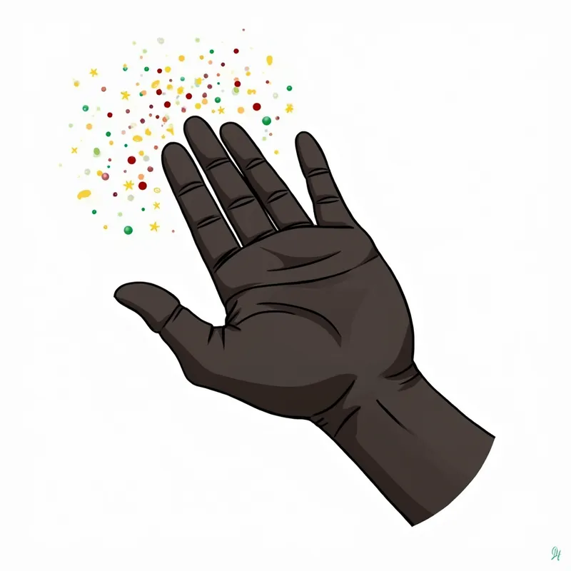 Heavenly Cartoon Chef's Hand - Cartoon-style image of God's dark hand, cut off cleanly at the wrist, floating against a white backdrop. The fingers are arranged in a precise, chef-like gesture, with sparkling, colorful seasoning particles drifting from the fingertips. - AI image generated with Photorealistic 2