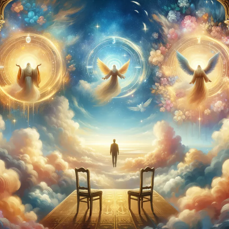 Heavenly Connection - Design a breathtaking image set in the heavenly Kingdom, inspired by Ephesians 2:6. Picture three chairs in the sky: one for God, one for Jesus, and one for 'me,' represented by radiant light. The scene should be filled with vibrant colors—gold, soft blues, and pinks—capturing heavenly peace and joy. - AI image generated with Art