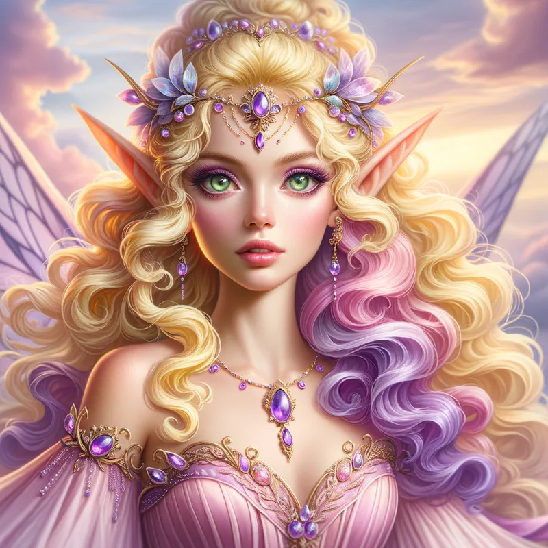 Heavenly Elegance - An otherworldly elf princess featuring yellow blonde curly hair with purple-tinted tips, piercing green eyes, adorned in light purple gems and a stunning pink and lilac dress. The background is a majestic sky theme with swirling clouds and soft pastel colors. - AI image generated with Art