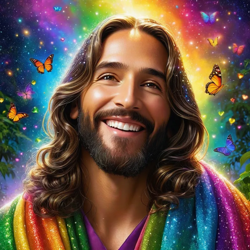 Heavenly Embrace - illuminating Jesus smiling giving Earth a big hugging, raindrops, glitter, rainbow, Rhonda flowers, galaxy, butterfly's, hearts, sparkles, universe, firefly's, rainbow swirling smoke, fantasy forest, garden, beautiful lit, insanely detailed, stunning environment, spiritual, colorful, illustration, enchanting, fantasy, vibrant colors, incredibly lifelike, realistic, vibrant, illuminating heaven - AI image generated with Photorealistic