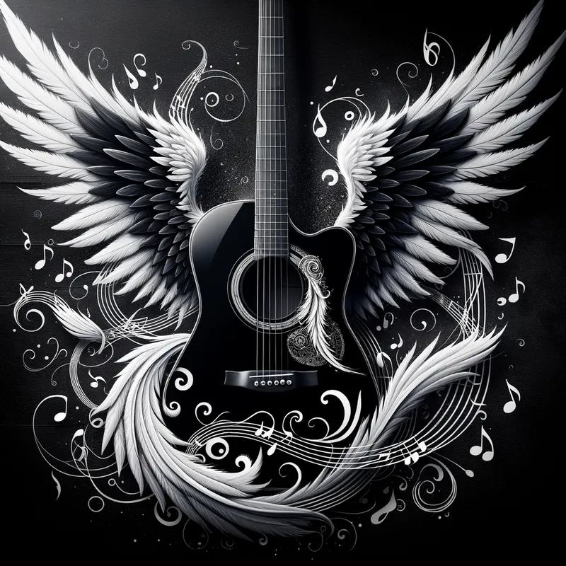Heavenly Harmony - A captivating image of a black acoustic guitar embellished with stark white angel wings, surrounded by swirling musical notes that suggest a melody flowing from the instrument. - AI image generated with Art