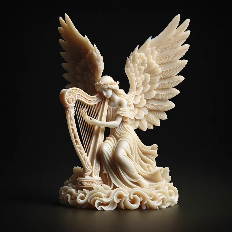 Heavenly Ivory Art - An exquisite 3D ivory carving of an ethereal angel with delicate wings outstretched, playing a harp. The background is a solid black, and the scene is evenly lit from all sides to remove any shadows, highlighting the angel's intricate details. - AI image generated with Art