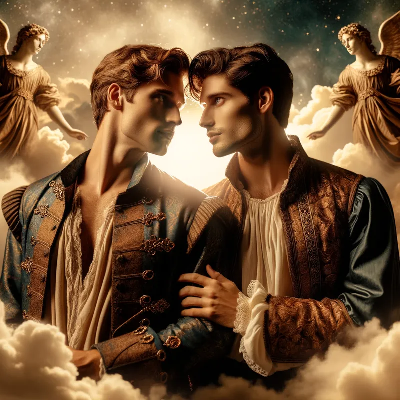 Heavenly Kiss - In a celestial realm, with clouds and golden light surrounding them, Wang Yibo and Xiao Zhan from The Untamed kiss, their love transcending the mortal world. - AI image generated with Art