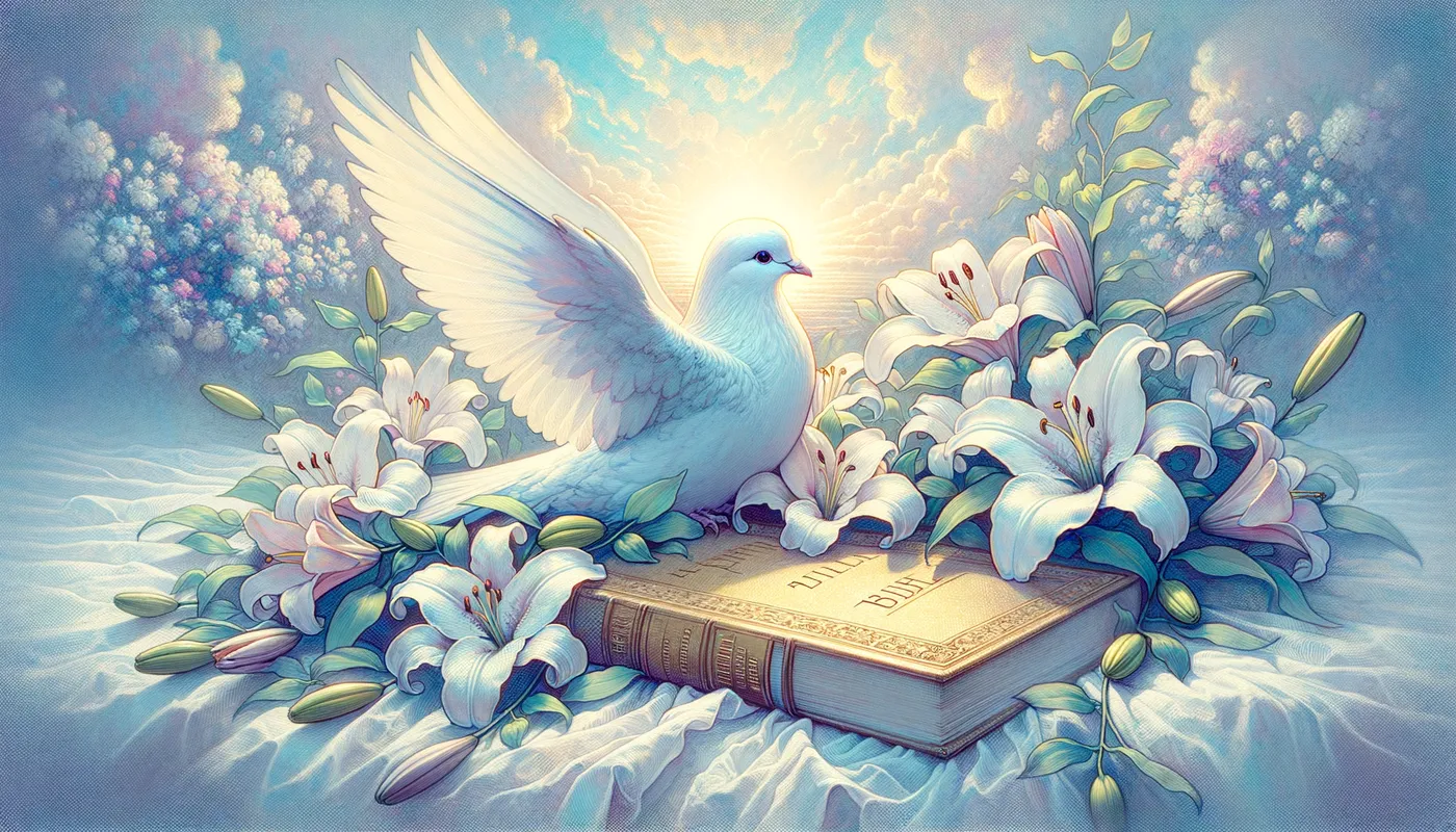 Heavenly Respite - An illustration of a beautiful, ethereal dove resting among a bouquet of delicate white lilies, set against a soft, celestial background with a glowing golden bible in the foreground. - AI image generated with Art - cartoony, Claude Monet