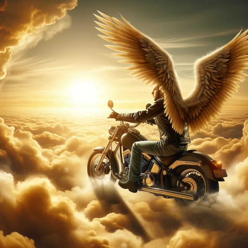 Heavenly Ride - A man with angel wings riding a Harley Davidson above the clouds into a serene, golden-lit heaven. - AI image generated with Art - surrealismus