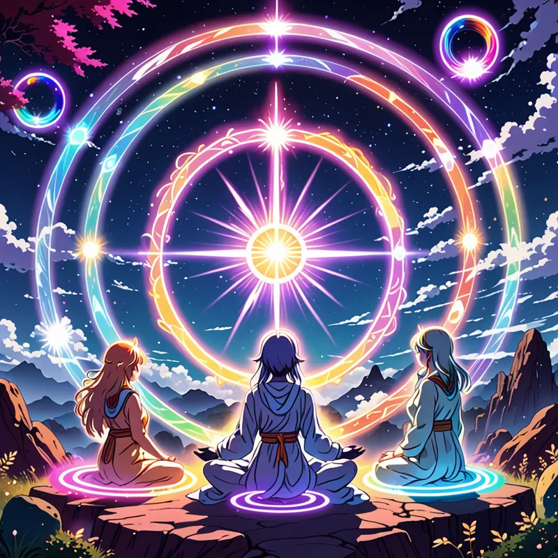 Heavenly Treasure Halo - A group of mystical items illuminated by glowing multicolored auras, encircled by halos of light in a serene celestial setting, illustrated in vivid anime style. - AI image generated with Fictional