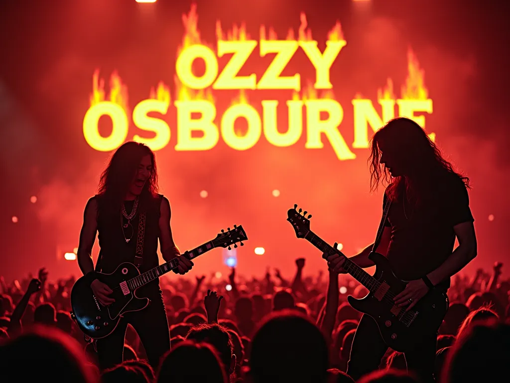 Heavy Metal Legends Live - A live concert scene featuring Ozzy Osbourne singing energetically and Randy Rhoades headbanging while playing his guitar. The stage is electric with thousands of fans, and the name 'OZZY OSBOURNE' blazes brightly like fire behind them. - AI image generated with Text