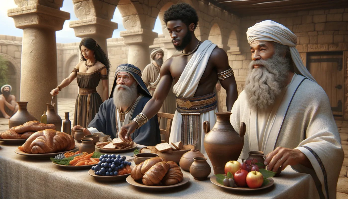 Hebrew Gathering in Ancient Israel - Depict a scene set in Ancient Israel: A young black man in Hebrew attire stands before a feast-laden table. Seated at the table is an elderly black man with a gray beard, wearing Hebrew garments. An older, beautiful black woman is shown placing food on the table, adding to the spread. - AI image generated with Art