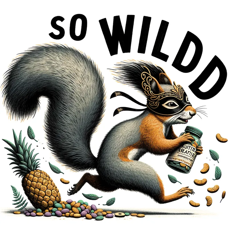 Heist Squirrel - An adventurous squirrel donning a robber's mask, making a getaway with food loot, with the phrase 'TAO SALVAJE' artistically integrated. - AI image generated with Art