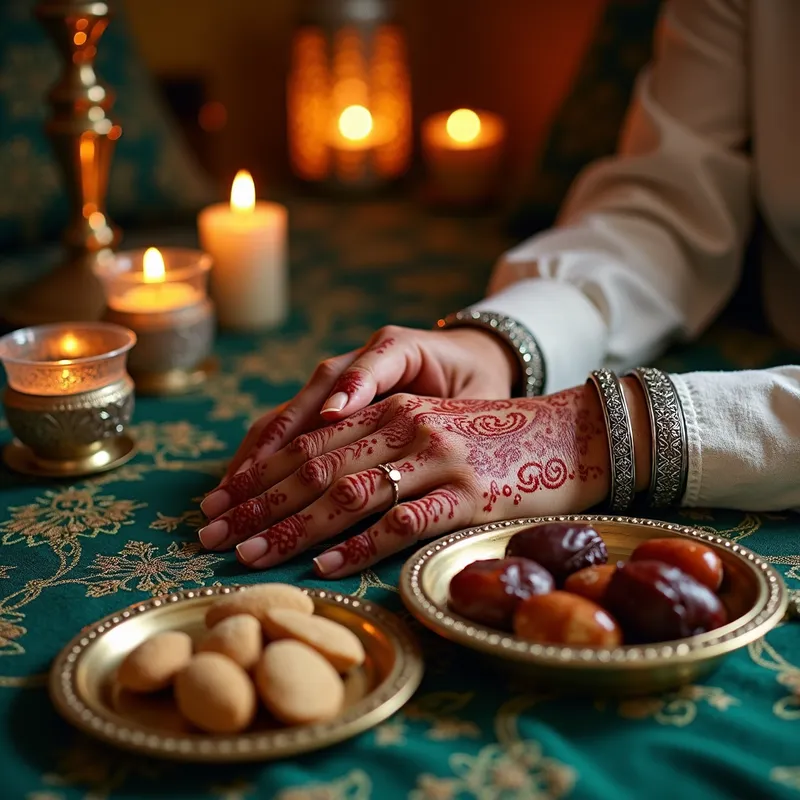 Henna Night in the Riad - Intimate Moorish henna night inside a riad, close-up of the bride's hands adorned with fresh henna patterns and silver filigree bracelets, emerald and gold embroidered takchita fabric, brass trays with dates almonds and sugared sweets, mint tea glasses, patterned cushions, blue and green zellige tiles, candlelight and hanging lanterns creating bokeh, shallow depth of field, macro texture detail, warm and inviting color palette - AI image generated with Photorealistic 2