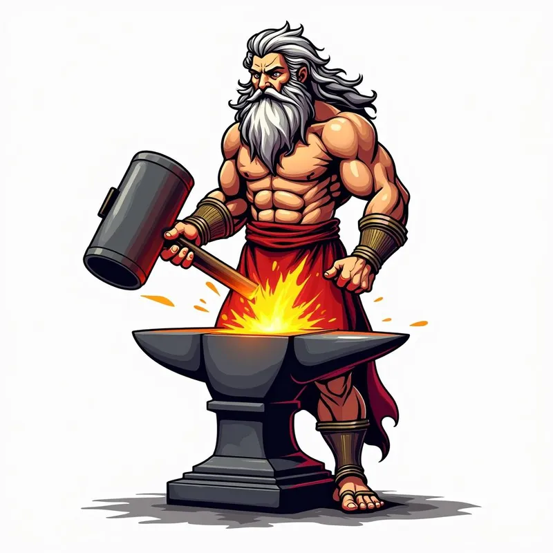 Hephaestus Hammering - This vector logo art features Hephaestus, the Greek deity of fire and metalworking, frontally depicted with a robust build and flowing beard. He is wielding a giant hammer, striking with force at a vibrant anvil. The image stands against a clean white background, highlighting bold colors and strong lines, ideal for an embroidered apparel patch. - AI image generated with Photorealistic 2