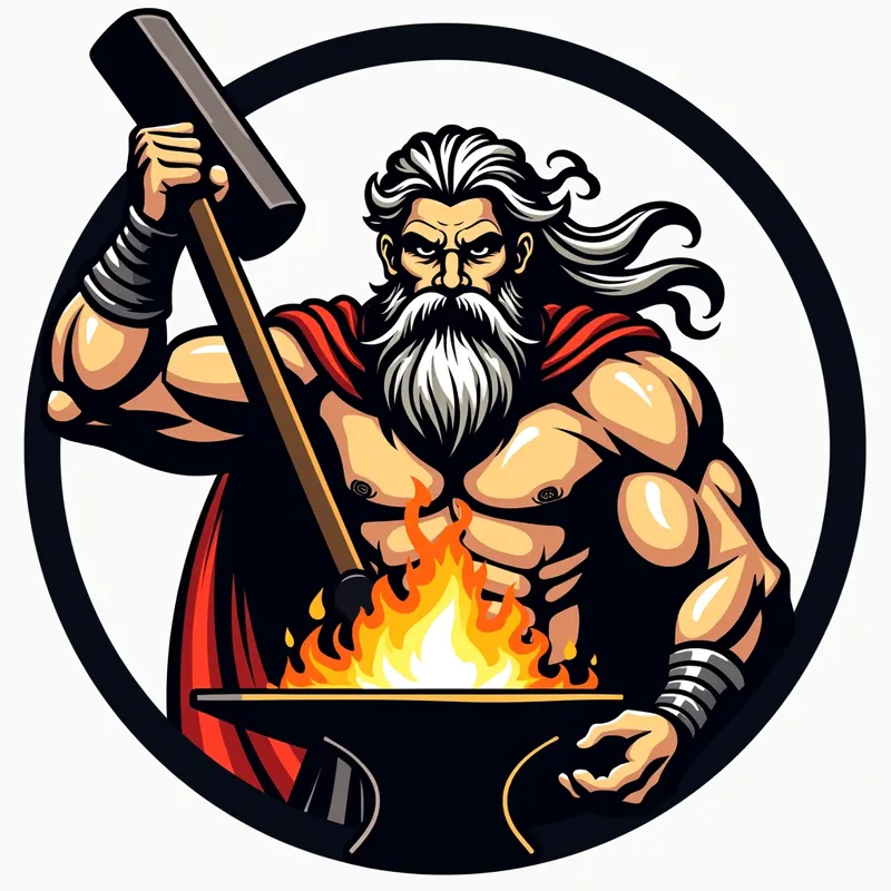 Hephaestus Logo Power - A vector logo featuring Hephaestus, the Greek god of fire and metalworking, depicted frontally with a muscular build and a long, flowing beard. He wields a massive hammer, striking over a blazing anvil against a pristine white background. The bold colors and strong lines of the god's figure convey power and dynamism, perfect for a round patch for apparel or accessories. - AI image generated with Photorealistic 2