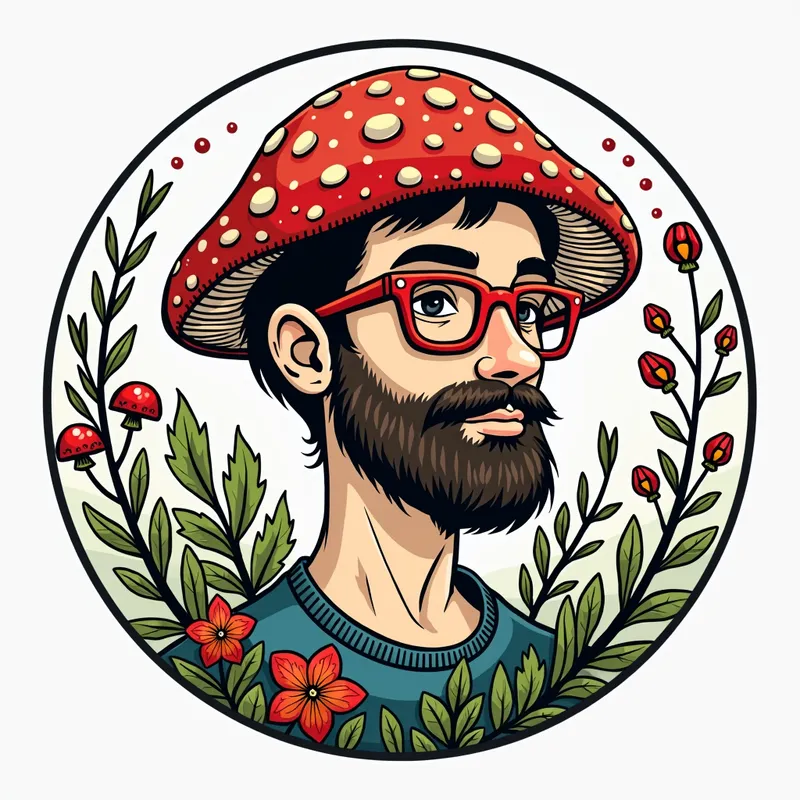 Herbalist Mushroom Logo - Design a circular logo for Mycodruids Apothecary portraying a humanoid mushroom with dark brown short stubble and rectangular red glasses. Encircle the mushroom with a selection of plants and herbs. Ensure the design maintains a white background with a realistic hand-drawn art style, using primary colors such as red, green, blue, and yellow, along with black line drawings. - AI image generated with Text - water splashes, pixel art