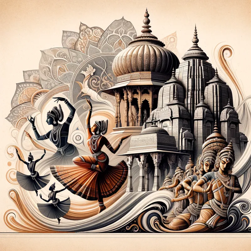 Heritage Harmony - A harmonious collage that presents a fusion of iconic Indian art forms, including the detailed brushwork of Rajasthani paintings, the grandeur of Khajuraho sculptures, and the rhythmic movements of Kathak dancers. - AI image generated with Art